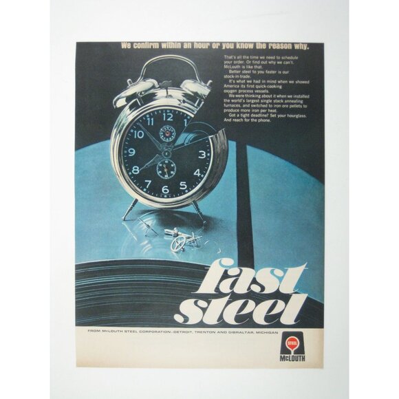Vintage 1960s McLouth Steel Corporation Print Ad Print Fast Steel Alarm Clock - Picture 1 of 2